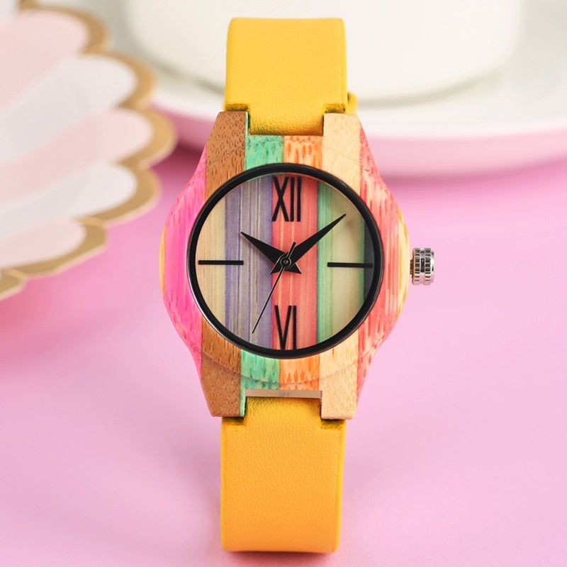 Candy Yellow Colorful Wood Watch Top Luxury Women Dress Unique Bamboo Watch Quartz Wristwatches for Girls Female Simple Clock