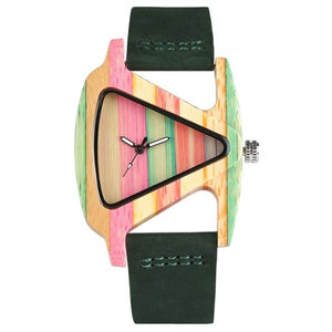 Unique Colorful Wood Watch Creative Triangle Shape Dial Hour Clock Women Quartz Leather Bracelet Watch Women's Wrist Reloj Mujer