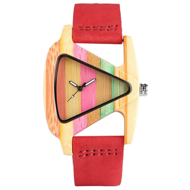 Unique Colorful Wood Watch Creative Triangle Shape Dial Hour Clock Women Quartz Leather Bracelet Watch Women's Wrist Reloj Mujer