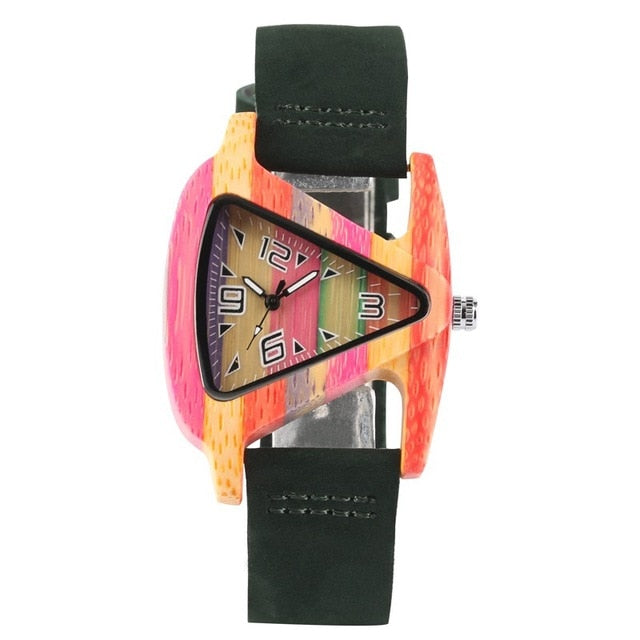 Unique Colorful Wood Watch Creative Triangle Shape Dial Hour Clock Women Quartz Leather Bracelet Watch Women's Wrist Reloj Mujer