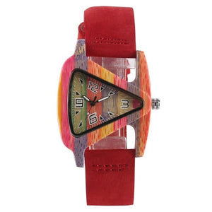 Unique Colorful Wood Watch Creative Triangle Shape Dial Hour Clock Women Quartz Leather Bracelet Watch Women's Wrist Reloj Mujer