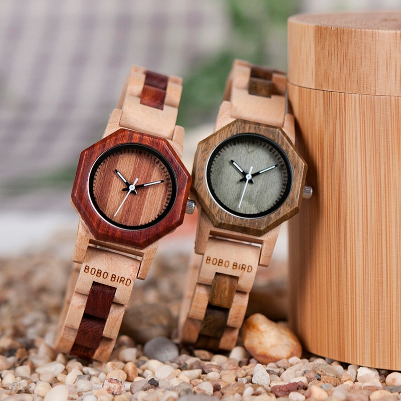 Wooden Quartz Ladies Watch For Women Creative Design Octagon Exquisite Watches Gift Box