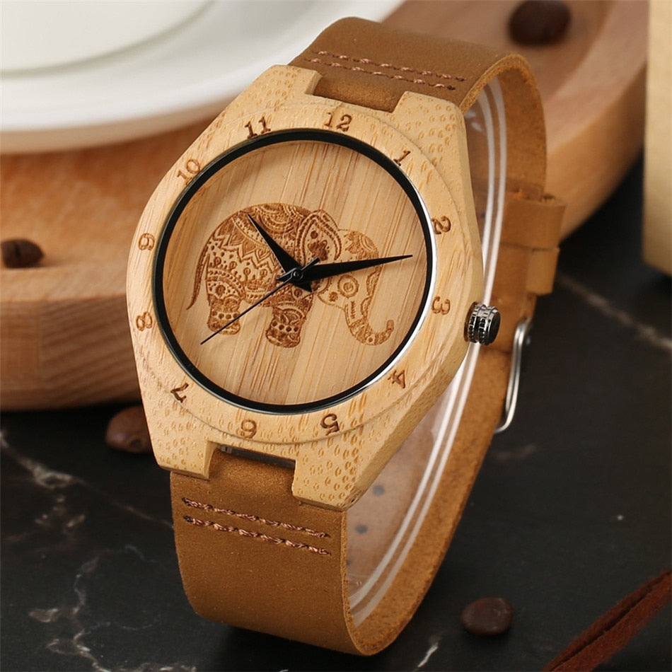 Mandala Bohemian Style Wooden Man Women Watches Exquisite Thailand Elephant Engraving Bamboo Wrist Watch Men Clock Xmas Gifts