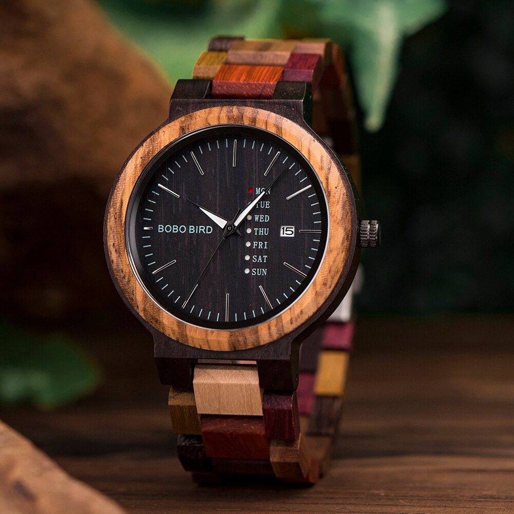 BOBO BIRD Wood Watch Men Women Quartz Week Date Timepiece Wood Band Lover Couple Watches For Anniversary Gifts Customized Logo