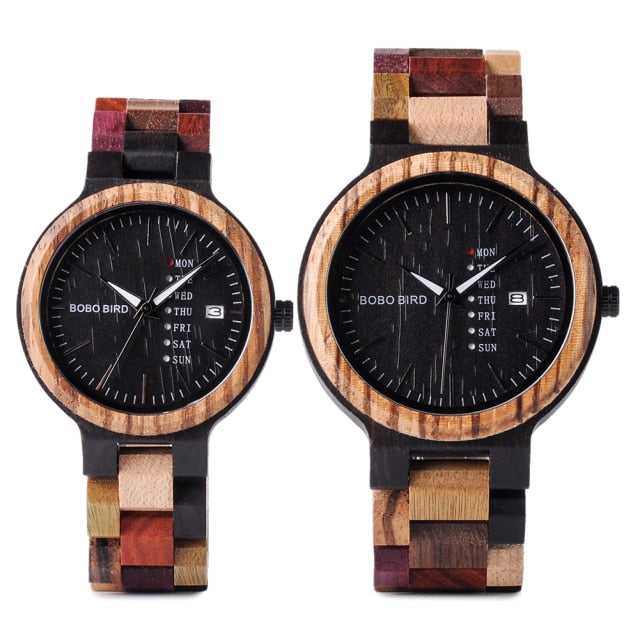 BOBO BIRD Wood Watch Men Women Quartz Week Date Timepiece Wood Band Lover Couple Watches For Anniversary Gifts Customized Logo