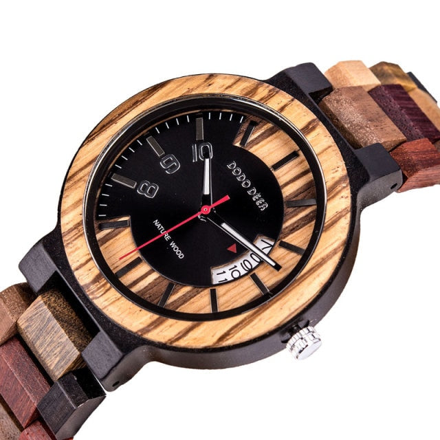 DODO DEER Wooden Wristwatch for Men Qaurtz Watches Male Classic Show Date Display Colorful Strap in Wood Gift Box to Him