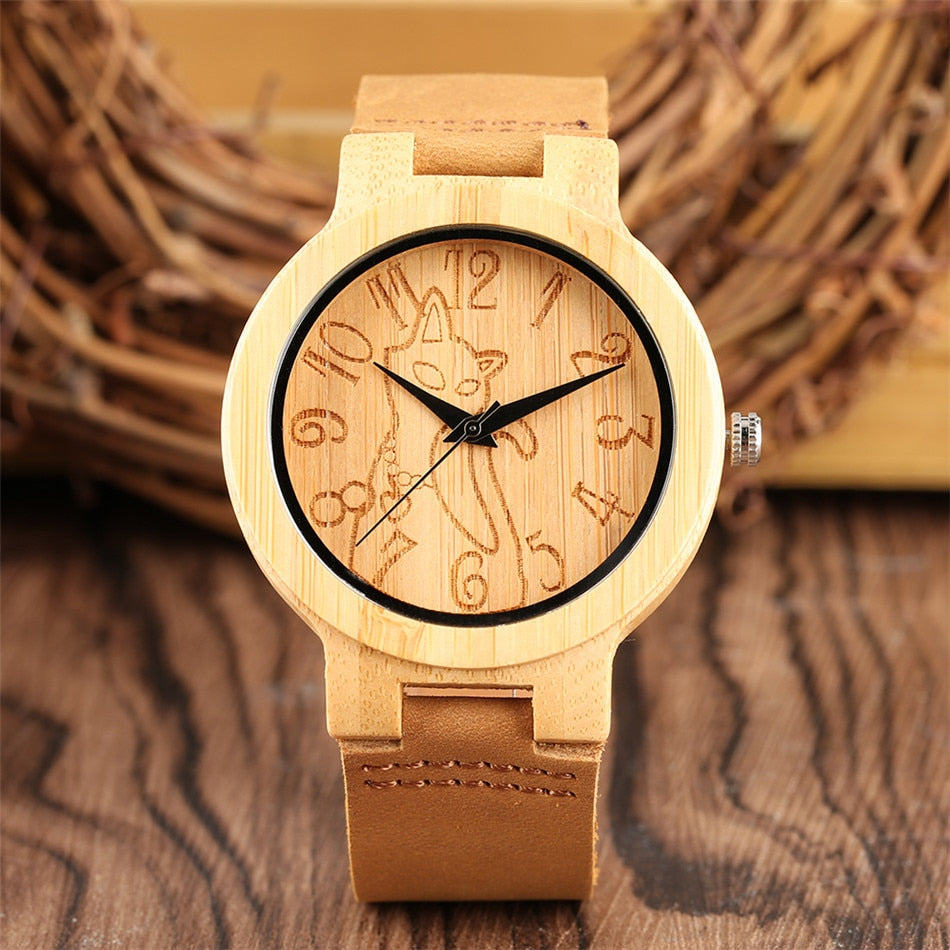 Bamboo Wood Case Engraved Arabic Numerals Cat Quartz Wristwatch Unisex Wooden Genuine Leather Wrist Watches Gifts Men Women