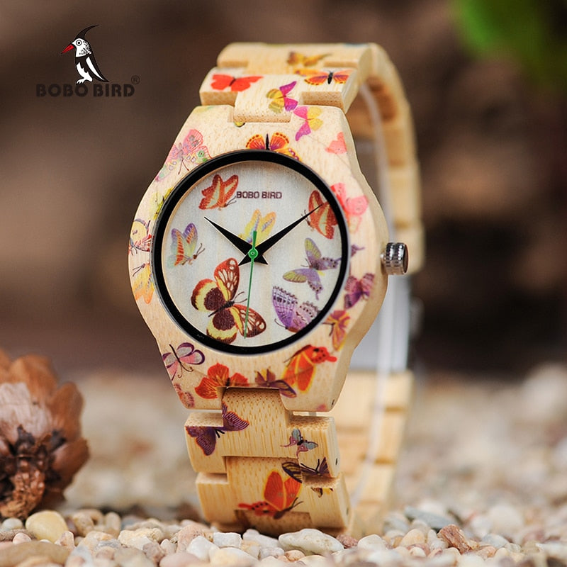 BOBO BIRD O20 Butterfly Print Women Watches All Bamboo Made Quartz Wristwatch for Ladies in Wooden Gift Box